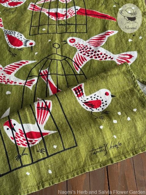 タミスキーフ ビンテージティータオル　鳥と鳥かご